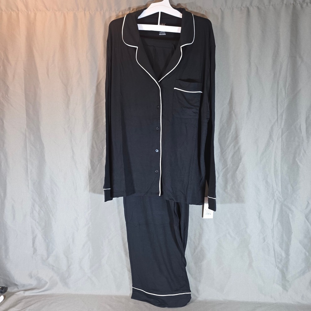Auden Cloud Knit Pajama Set Womens XL Black White Piping 2 Piece Sleepwear NEW